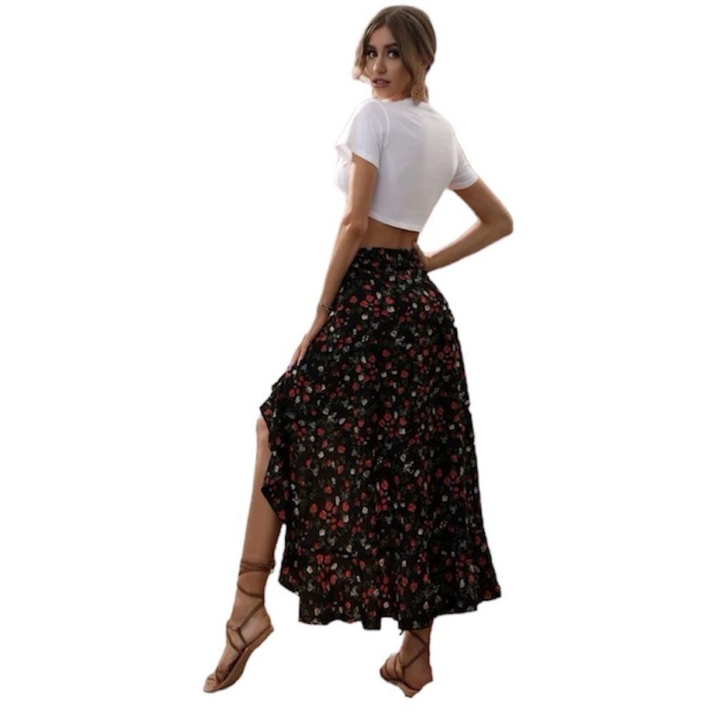 Ditsy Floral Print Ruffle Trim Asymmetrical Hem Skirt - Picture 6 of 7